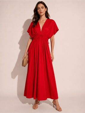 ZARA Red Pleated Maxi Dress Cinched Waist Draped Evening Resort